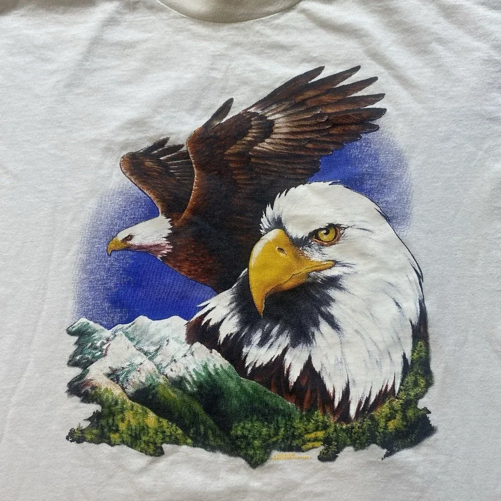 Vintage Bald Eagle Shirt Mens Lrg White  USA Mountains Single Stitch 90s